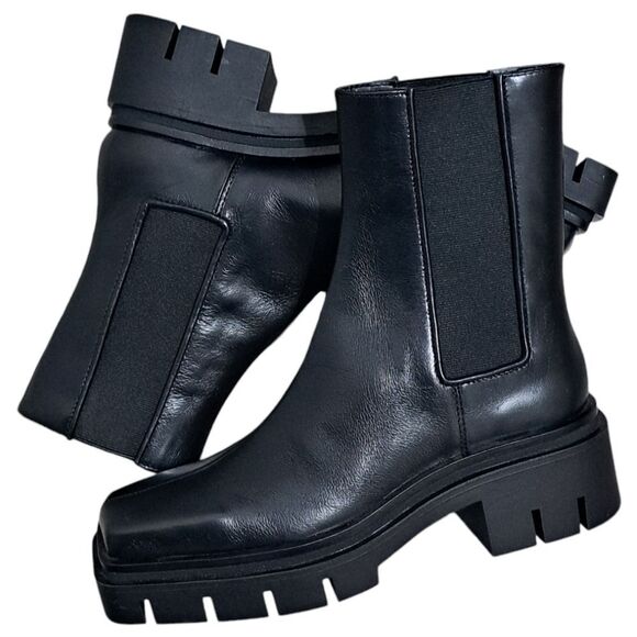 Zara Leather Square Toe Platform Chunky Streetwear Boot Size 37 - Black - Picture 2 of 15